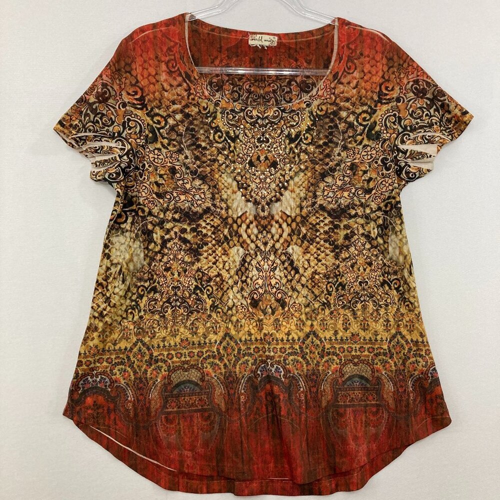World Unity size Large Red Brown Abstract Boho Print Festival Casual Stretch Top